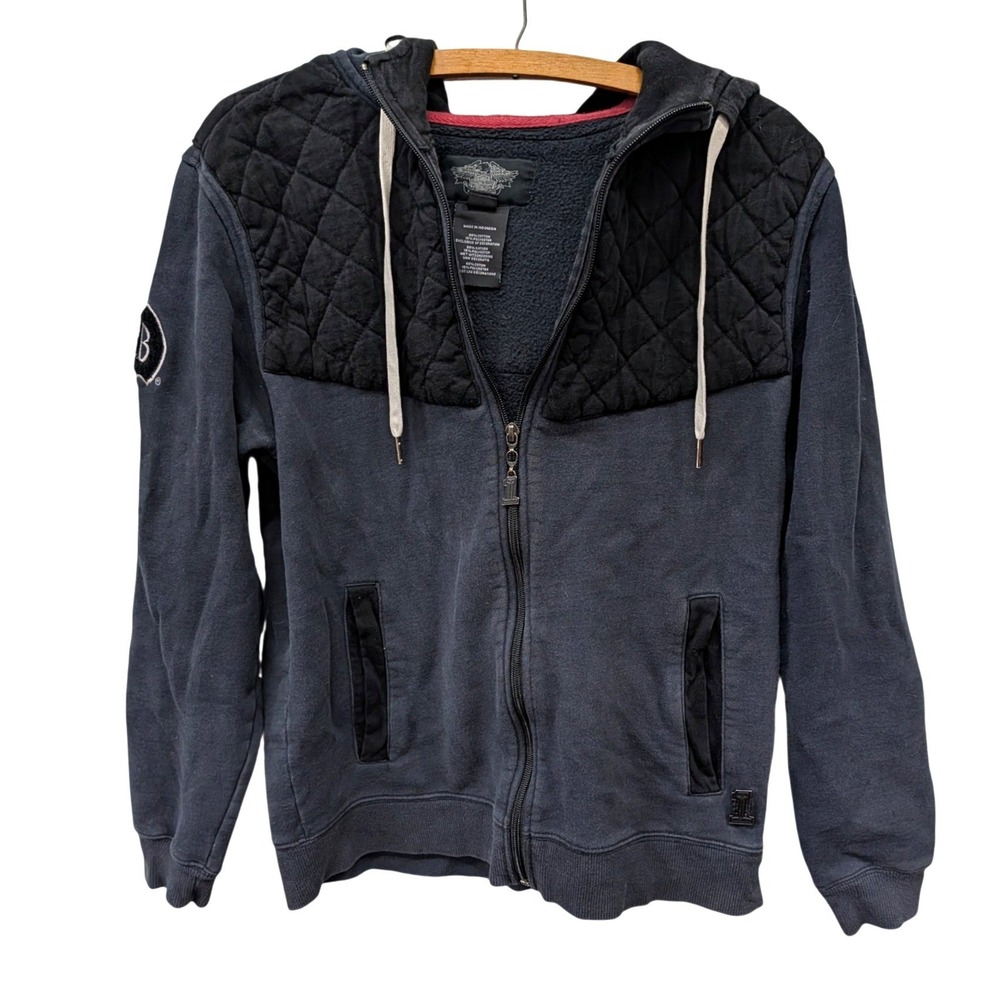 Harley-Davidson Men's Quilted Shoulder Full Zip Hoodie Black Skull Badge- Medium